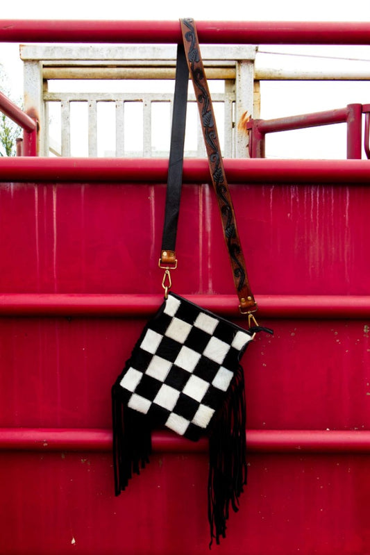 Checkered Cowhide Fringe Purse